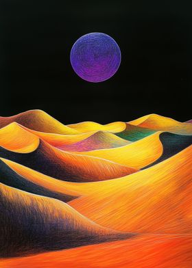 Purple Moon Over Dunes Crayon Art