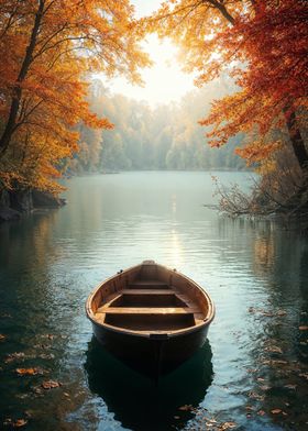 Autumn Lake with Rowboat