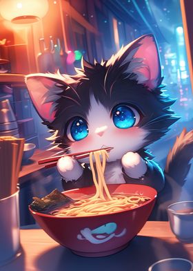 Cute Cat Eating Ramen