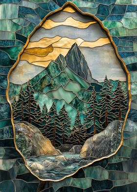 Stained Glass Mountain Landscape