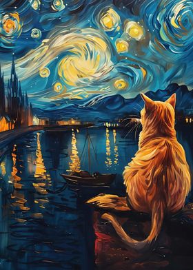 Cat Under Starry Night