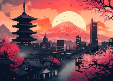 Japanese Cityscape with Mt. Fuji