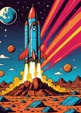 A retro comic style colors vector art of a Rocket Launch into Space