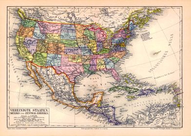 Poster map USA, Mexico | Vintage map german