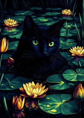 Black Cat in Water Lilies