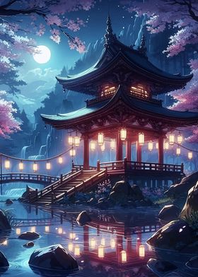 Japanese Temple Night Scene