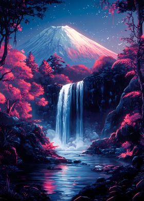 Mountain Fuji Waterfall Night Japanese Cherry Blossom 