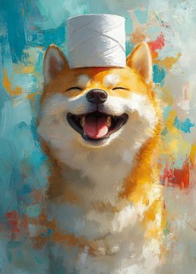 Smiling Shiba Inu with Toilet Paper Hat