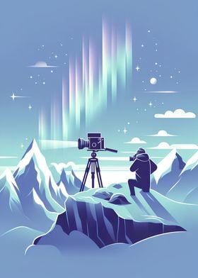 Mountaintop Filmmaker under Pastel Northern Lights