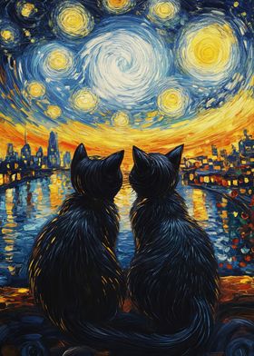 Starry Night Cats Landscape