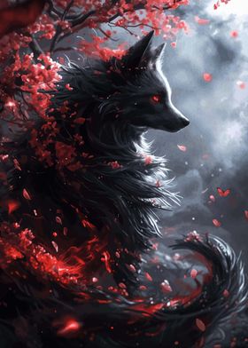 Black Wolf in Cherry Bloss