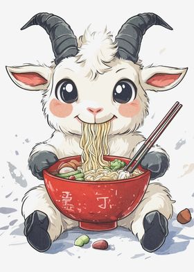 Cute Goat Eating Ramen