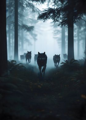 Wolf Pack in Foggy Forest