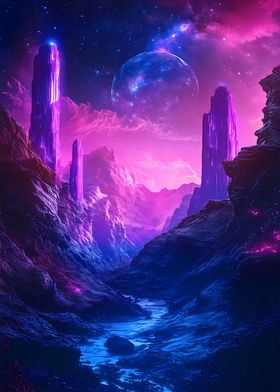 Purple Mountains & Alien Moon Space Sci-Fi Futuristic Planets 