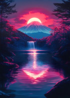 Sunset Mountain Waterfall Mount Fuji Japanese