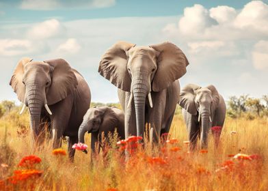 Elephant Family in Grassland