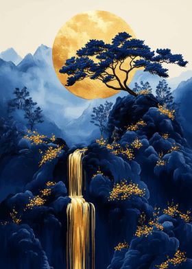 Golden Waterfall Landscape