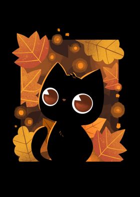 Black Cat in Autumn Leaves