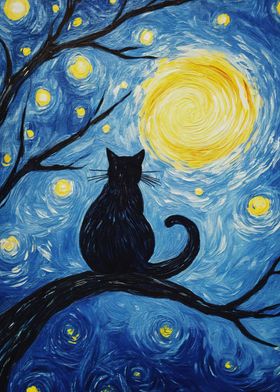 Cat Under Starry Night Landscape