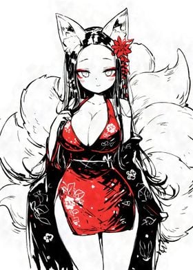 Ink Kitsune in Red Kimono