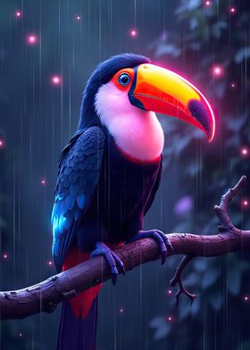 Neon glowing Toucan in the Rain