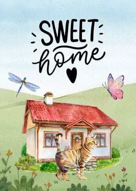 Sweet Home Watercolor Cat