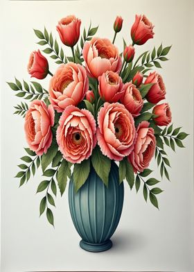 Pink Roses in Teal Vase