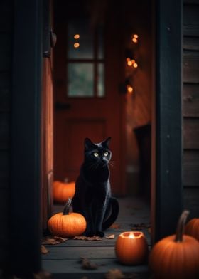 Black Cat and Pumpkins