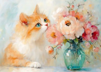 Whimsical Orange Cat and Flowers Painting