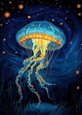 Blue Jellyfish in Night Sky