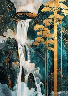 Golden Waterfall Kintsugi Landscape