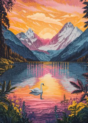 Vibrant Sunset Snow capped mountains, Serene Mountain Lake