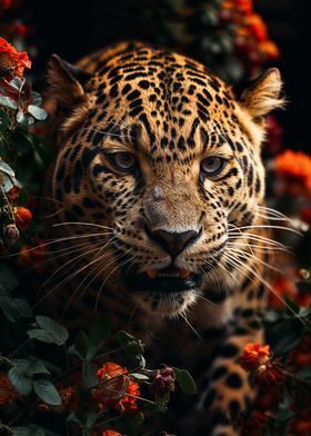 Leopard Close-Up Amidst Flowers