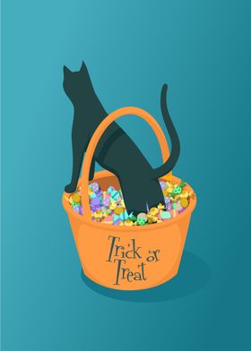 Cute halloween black cat in Trick or Treat bucket of candy