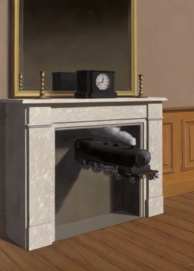 Rene Magritte Surreal Train in Fireplace