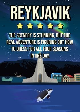 Funny Reykjavik Travel Poster Cityscape with Orca