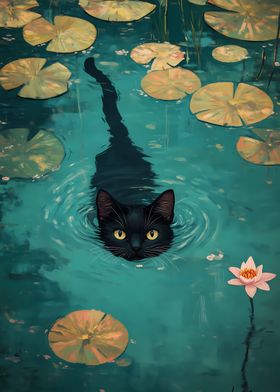 Black Cat Swimming in Pond