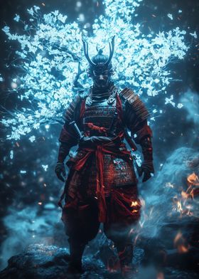 Samurai Warrior in Blue Fire