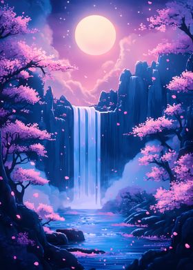 Night Waterfall with Cherry Blossoms