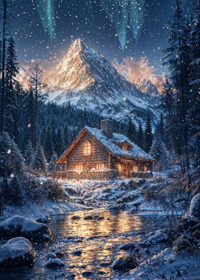 Snowy Cabin in the Mountains