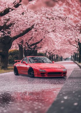 Red Sports Car Under Cherry Blossoms