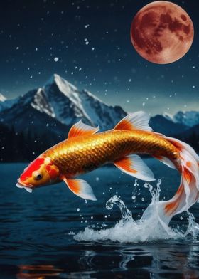 Koi Fish Jumping Under Blood Moon