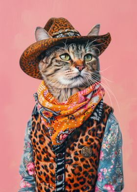 Cowboy Cat Portrait Animal Fashion Art Print