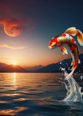 Koi Fish Sunset Jump