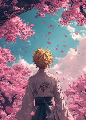 Anime Boy in Cherry Blossoms