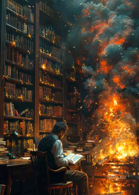 Man Reading Amidst Fire