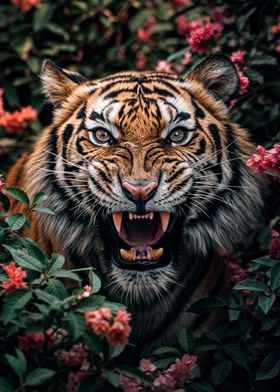 Tiger Roaring in Flowers