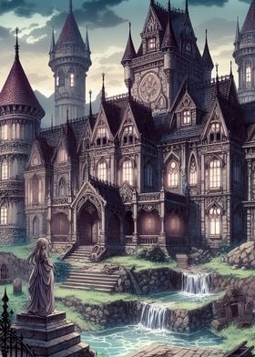 Gothic Mansion with Waterfall