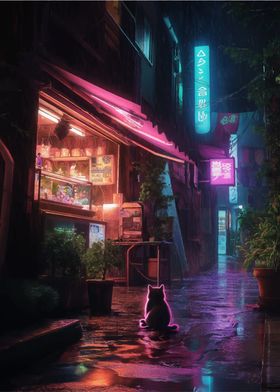 Neon Cat in Rainy Alley