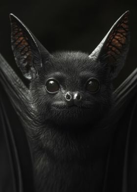 Adorable Black Bat with Wide Eyes - Nocturnal Creature Portrait